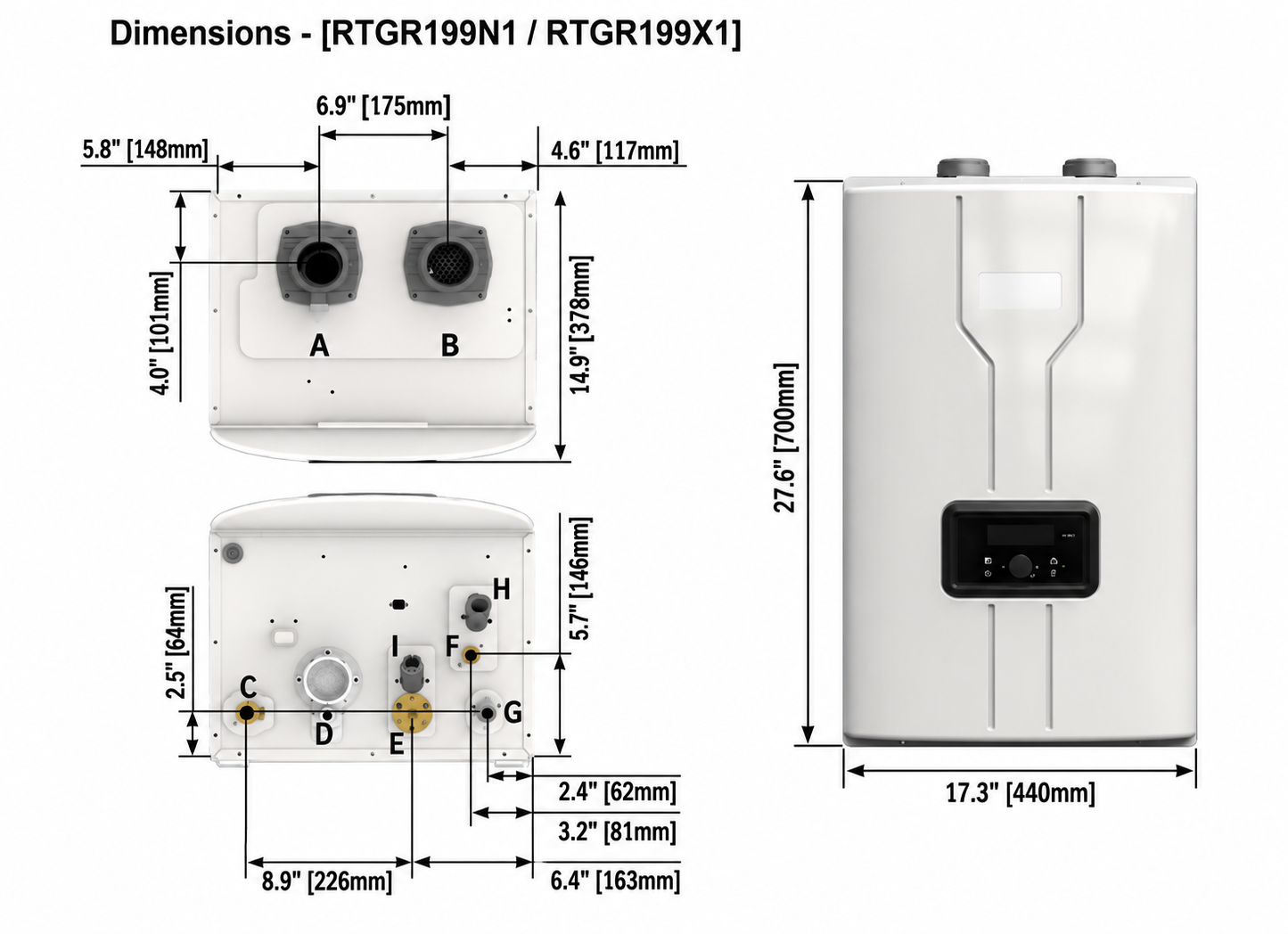 Bradford White RTG-R-199-N1 tankless water heater dimensions and connection diagram